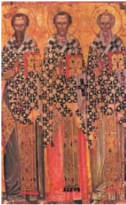 Τρεις Ιεράρχες (από αριστερά, Μέγας Βασίλειος, Ιωάννης Χρυσόστομος, Γρηγόριος Θεολόγος). 16ος αι. Αρχαιολογικό Mουσείο Τιράνων, Αλβανία.