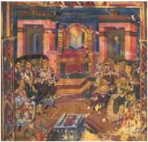 Παράσταση από τη Β’ Οικουμενική Σύνοδο, χειρόγραφο Εθνικής Βιβλιοθήκης, Παρίσι.