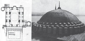 3. Κάτοψη ναού σε ρυθμό βασιλικής με θόλο. Αγ. Σοφία, Κωνσταντινούπολη καί ο θόλος εξωτερικά.