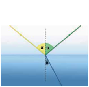 (α) Η προσπίπτουσα δέσμη παριστάνεται με την κίτρινη ακτίνα. (β) Η ανακλώμενη με την πράσινη. (γ) Η διαθλώμενη με την μπλε.